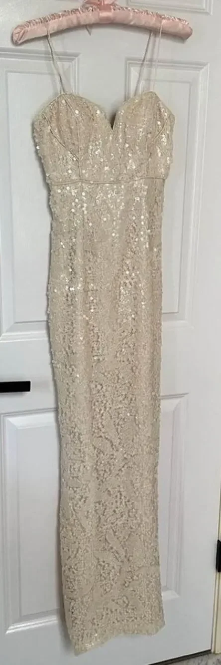 Aidan Mattox Sz 0 Sequin Cream Wedding Bridal Sweetheart Maxi Dress Side Slit